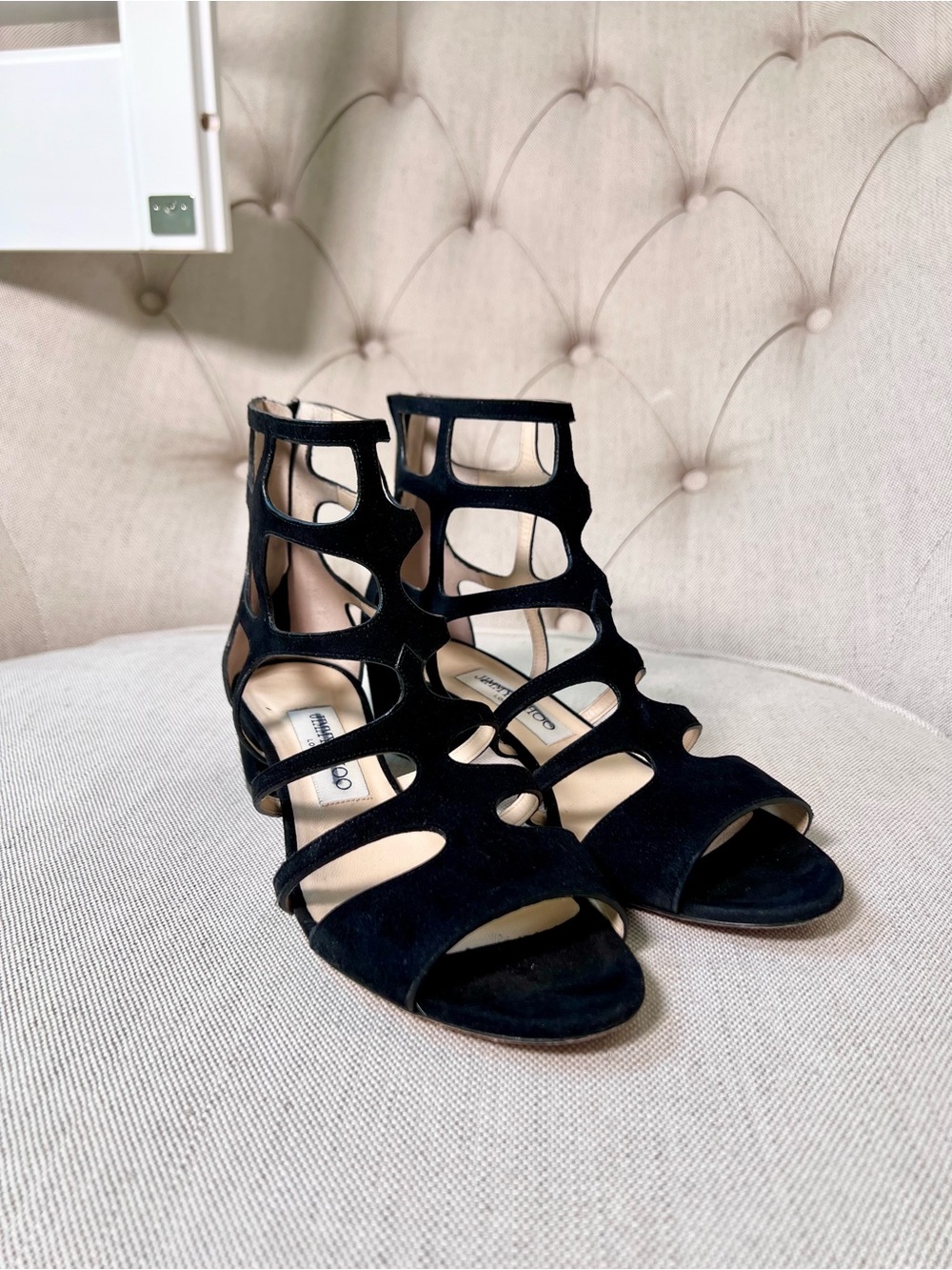 Jimmy Choo Black Suede Leather Cage Heels